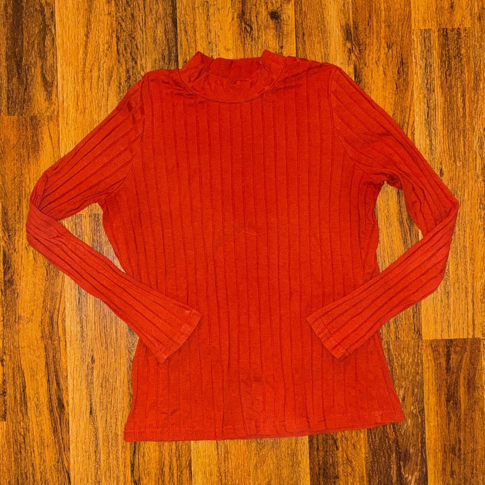 Womens Rust Ribbed Mock Neck Long Sleeve Top Slim Fit Stretch Shirt